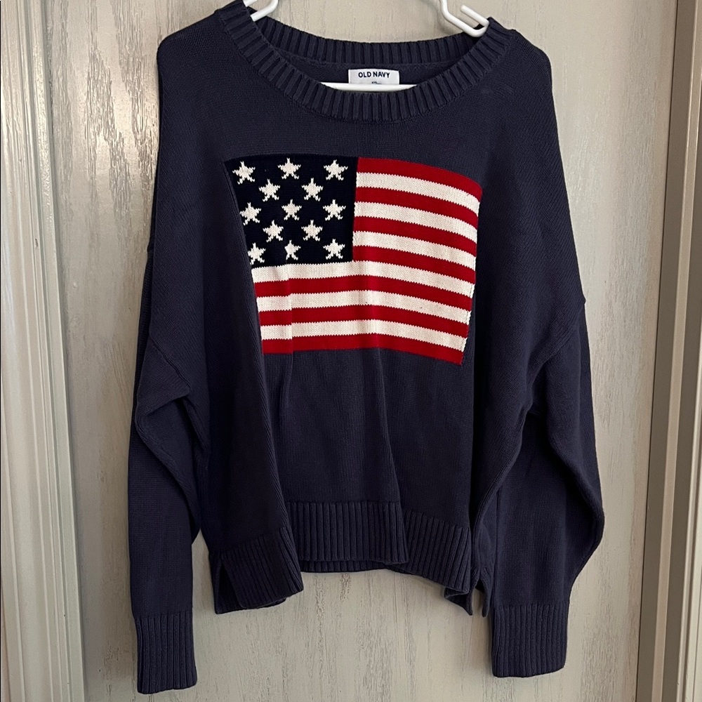 100% Cotton | Old Navy | Navy Crewneck Sweater with Red & White Flag Motif
